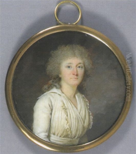 Portrait De Mme Baguenaut En Robe De Soie Blanche Plissee Et Vue Dans Un Paysage Oil Painting by Jacques Antoine Marie Lemoine