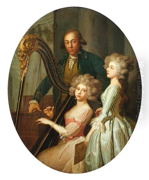 Group Portrait With A Lady Playing The Harp, Another Singing, And A Gentleman, Probably The Instructor, In An Architectural Interior Oil Painting by Marie-Victoire Lemoine