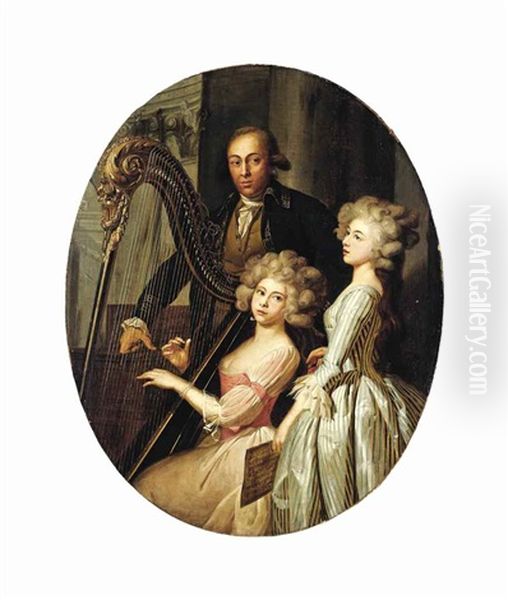 Group Portrait With A Lady Playing The Harp, Another Singing, And A Gentleman, Probably The Instructor, In An Architectural Interior Oil Painting by Marie-Victoire Lemoine