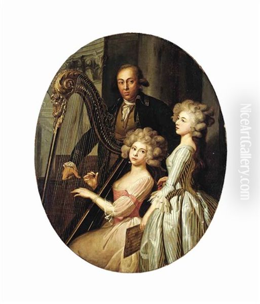 Group Portrait With A Lady Playing The Harp, Another Singing, And A Gentleman, Probably The Instructor, In An Architectural Interior Oil Painting by Marie-Victoire Lemoine