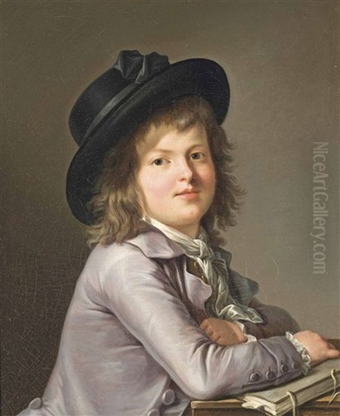 Portrait Of A Young Boy, Half-length, In A Grey Jacket And A Black Hat, At A Table With A Book Oil Painting by Marie-Victoire Lemoine