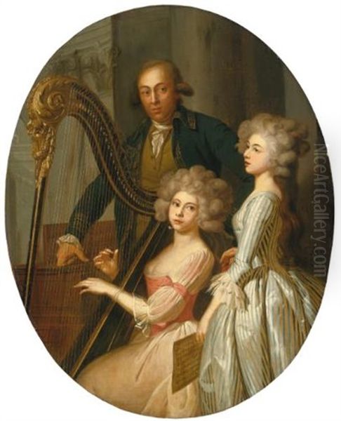 A Group Portrait With A Young Woman Playing The Harp, Another Young Woman Singing, And A Gentleman, Possibly Their Music Instructor, Standing Behind Oil Painting by Marie-Victoire Lemoine