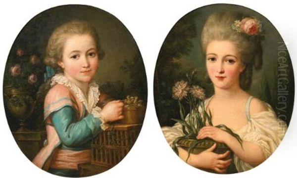 Portrait Of A Young Girl Holding A Flower Pot; Portrait Of A Young Boy Feeding Two Birds (2 Works) Oil Painting by Marie-Victoire Lemoine