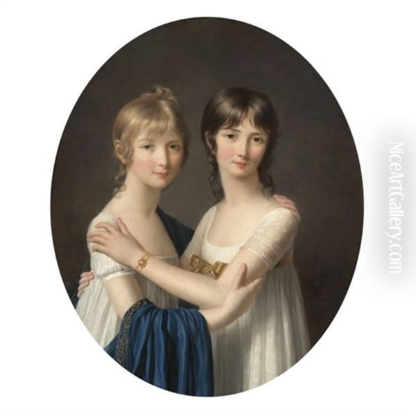 Portrait Of Two Sisters Wearing White Dresses Oil Painting by Marie-Victoire Lemoine