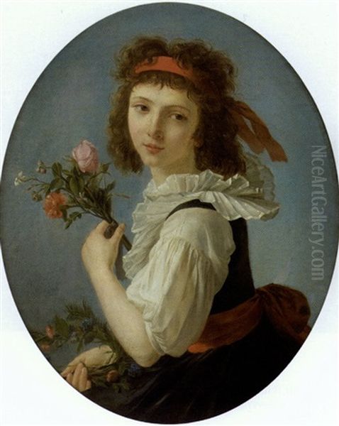 Portrait De Jeune Fille Tenant Des Fleurs Oil Painting by Marie-Victoire Lemoine