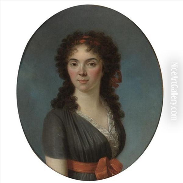 Portrait Of A Young Lady, Half Length, Wearing A Blue Dress And A Red Hairband Oil Painting by Marie-Victoire Lemoine