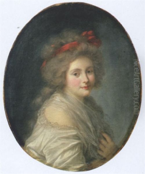 Portrait De Jeune Femme En Buste, Au Noeud Rouge Dans La Chevelure Oil Painting by Marie-Victoire Lemoine