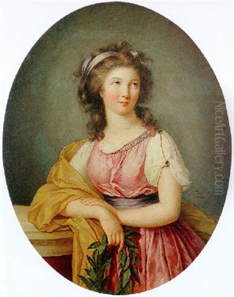 Portrait Of A Girl In Neoclassical Dress At A Column Holding A Laurel Wreath Oil Painting by Marie-Victoire Lemoine