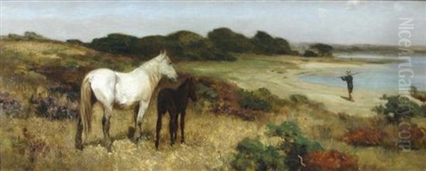 A Mare And Foal By A Beach Watching A Passing Fisherman Oil Painting by Arthur Lemon