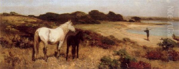 A Mare And Her Foal On A Beach Oil Painting by Arthur Lemon