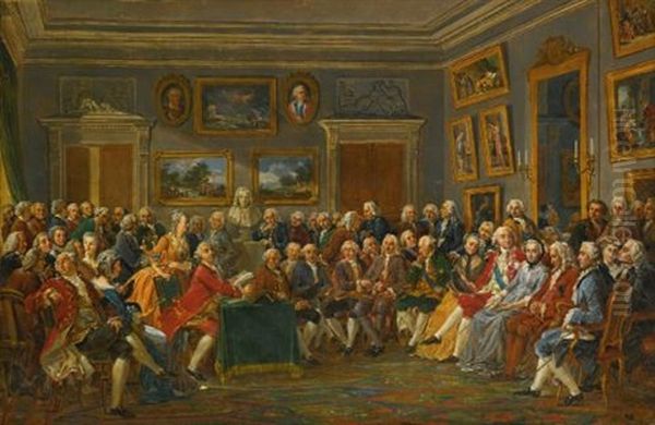 A Reading Of Voltaire's Tragedy L'orpheline De La Chine In The Salon Of Madame Geoffrin Oil Painting by Anicet Charles Gabriel Lemonnier