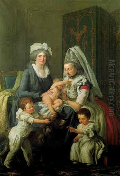 Portrait Of A Lady, Seated, With Her Nurse And Three Children Oil Painting by Anicet Charles Gabriel Lemonnier