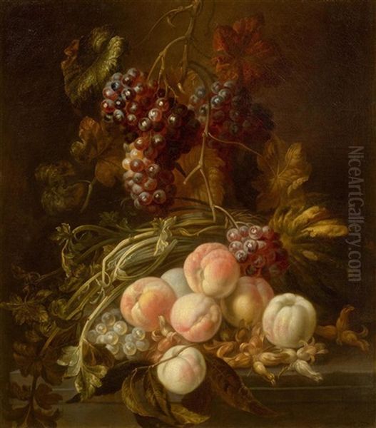 Still Life Of Fruits With Grapes, Peaches And A Melon On A Stone Slab Oil Painting by Pierre Antoine Lemoyne