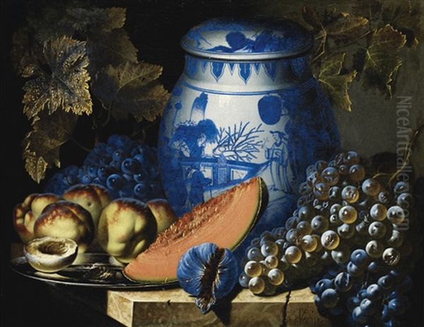 Nature Morte Aux Raisins, Plat De Peches Et Potiche Chinoise Sur Un Entablement En Pierre Oil Painting by Pierre Antoine Lemoyne