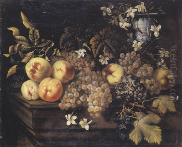 Fruits Sur Un Entablement Avec Un Vase De Delft A Decor Chinois Oil Painting by Pierre Antoine Lemoyne