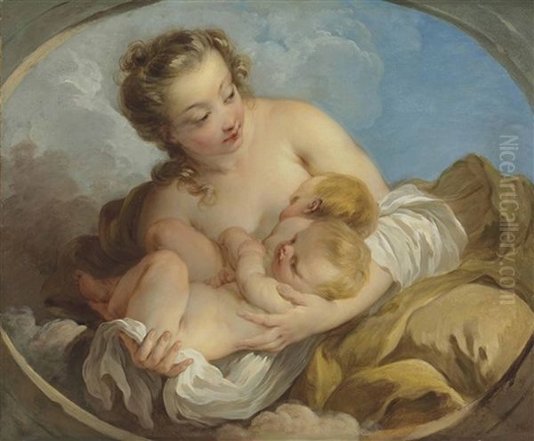 La Fecondite, In A Sculpted Oval Oil Painting by Francois Lemoyne