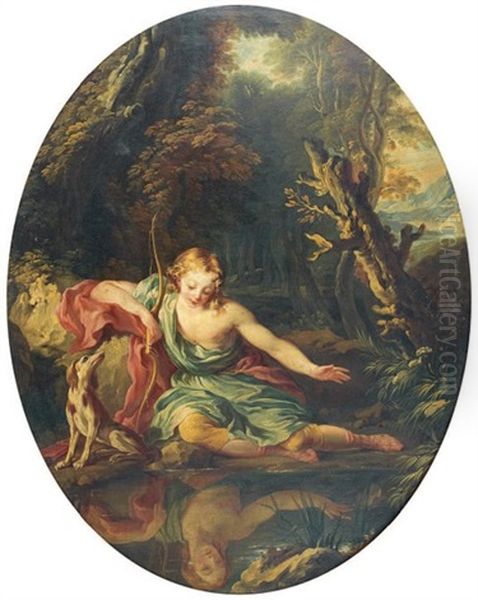 Narcisse Contemplant Son Reflet Dans L'eau Oil Painting by Francois Lemoyne