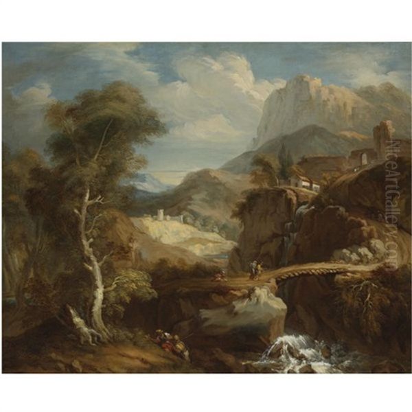 Extensive Mountainous Landscape With Travelers Crossing A Ravine by Francois Lemoyne