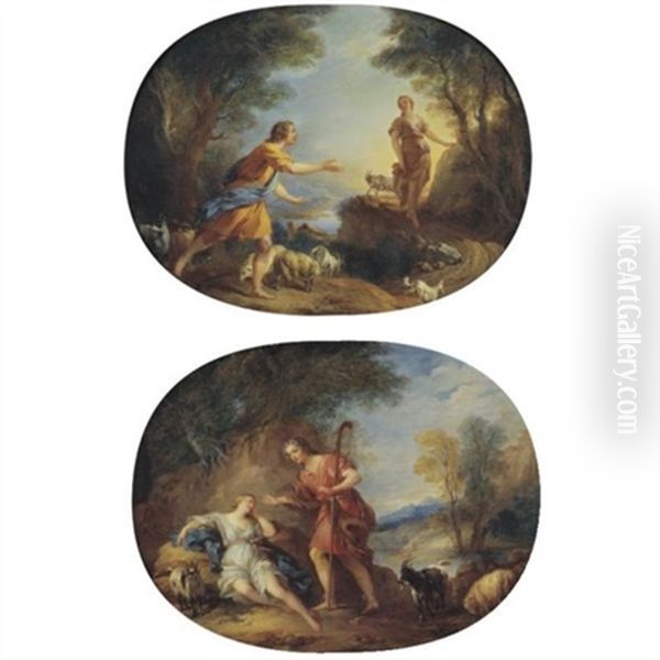 The Meeting Of Daphnis And Chloe (+ Daphnis Standing Before The Sleeping Chloe; Pair) Oil Painting by Francois Lemoyne