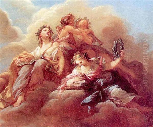 The Muses Of Poetry And Music With Attendant Cherubs Oil Painting by Francois Lemoyne