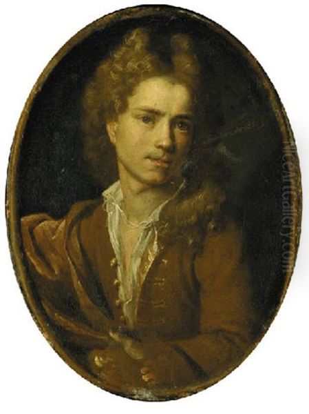 Portrait Of The Artist Wearing A Gold Embroidered Tan Frock-coat And White Shirt Oil Painting by Francois Lemoyne