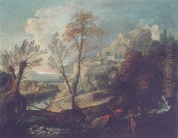 A River Landscape With A Herder Watering His Cow By A Bridge, A Hill Top Town Beyond Oil Painting by Francois Lemoyne