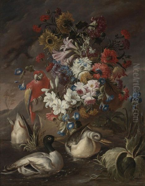 Floral Still Life With A Parrot And Ducks Oil Painting by Andrea Belvedere