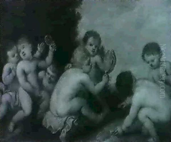 Sight: Putti With Mirrors In A Landscape Oil Painting by Francois Lemoyne