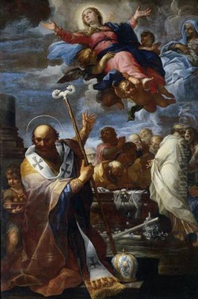 The Assumption Of The Virgin With Saints Nicolas Of Myra And Anne Oil Painting by Giovanni Battista Lenardi