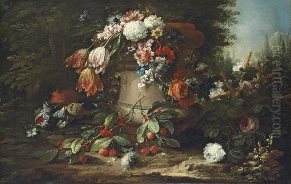 Roses, Tulips, Carnations And Other Flowers In A Stone Urn, With Roses On A Trellis, Figs, Cherries And A Pomegranate On A Garden Floor Oil Painting by Andrea Belvedere