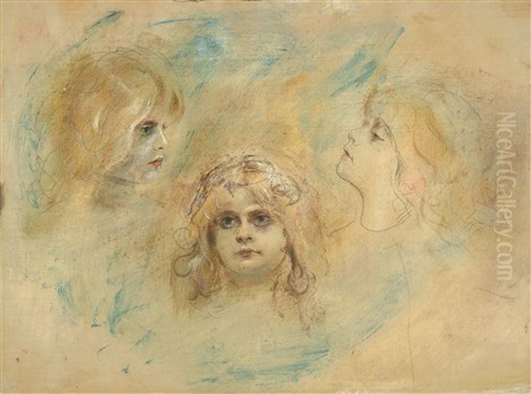 Three Angels' Heads, Marion Oil Painting by Franz Seraph von Lenbach