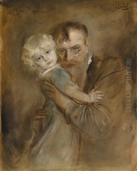 Selbstportrait Mit Tochter Marion Oil Painting by Franz Seraph von Lenbach