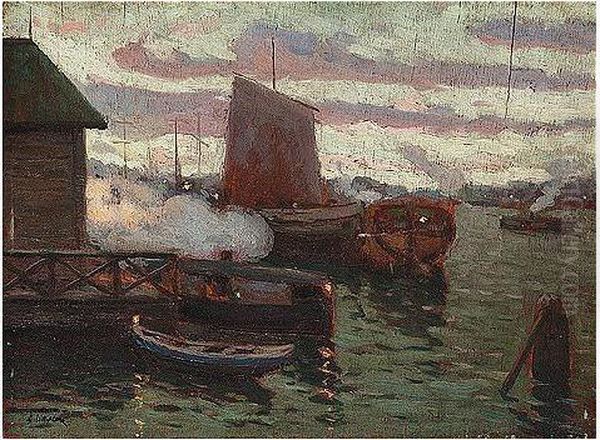 Dusk Over The Harbour Oil Painting by Alexander Fedorovich Bely