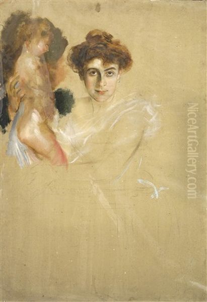 Bildnis Der Frau Von Bleichroder Mit Kleinem Kind Oil Painting by Franz Seraph von Lenbach