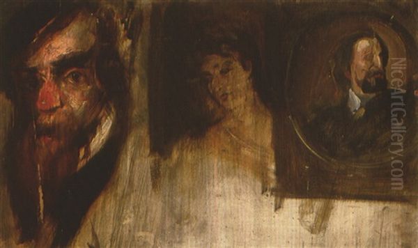 Drei Kopfe (studies) Oil Painting by Franz Seraph von Lenbach