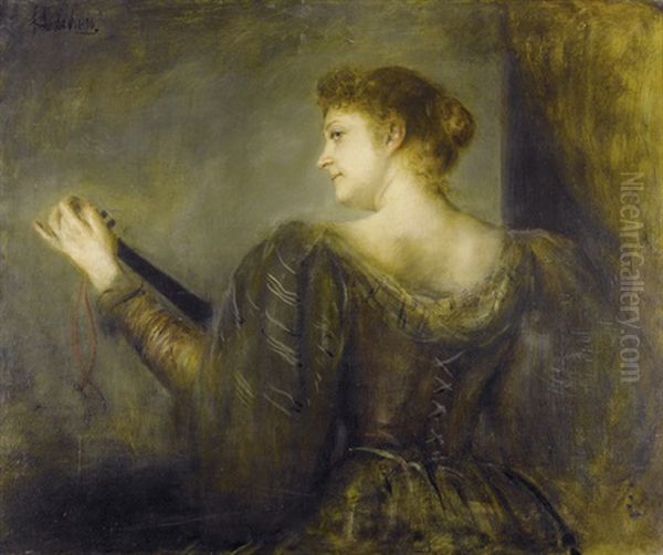 Ruckenansicht Einer Frau Beim Lautenspiel Oil Painting by Franz Seraph von Lenbach