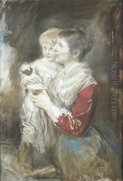 Portrait Of A Woman And Child Oil Painting by Franz Seraph von Lenbach