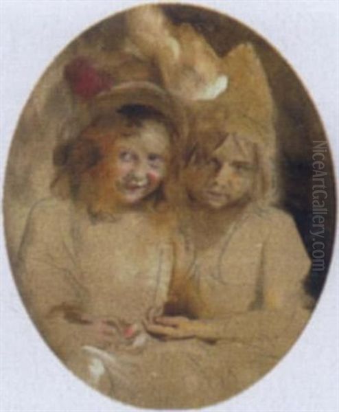 Portrait Of Two Young Girls (the Artist's Daughters?) Oil Painting by Franz Seraph von Lenbach