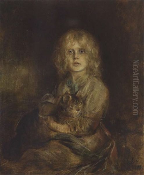 Marion Lenbach Mit Katze Oil Painting by Franz Seraph von Lenbach