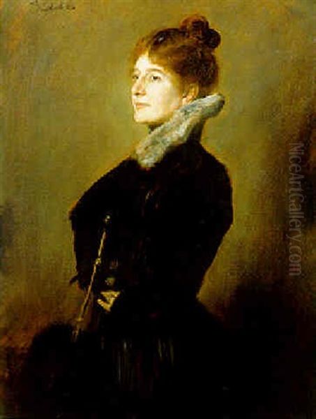 Portrait Of A Lady Wearing A Black Coat With Fur Collar Oil Painting by Franz Seraph von Lenbach