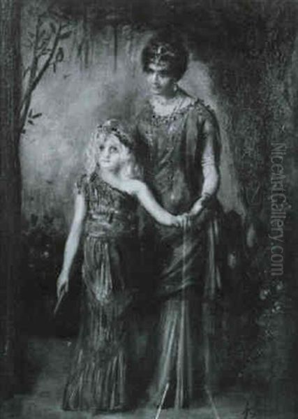 Mother And Daughter Oil Painting by Franz Seraph von Lenbach