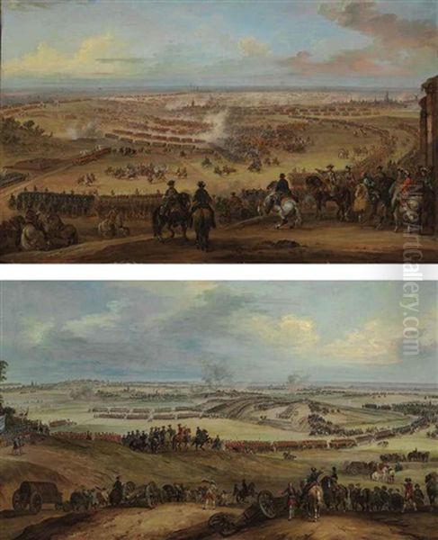 The Battle Of Fontenoy, 11 May 1745 (+ The Battle Of Lawfeld, 2 July 1747; Pair) Oil Painting by Pierre Lenfant