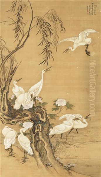 Nine White Egrets Oil Painting by  Leng Mei