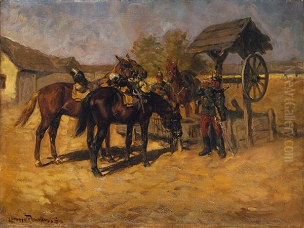 Zwei Soldaten Mit Ihren Pferden Bei Der Rast Am Brunnen Oil Painting by Ede Lengyel-Reinfuss