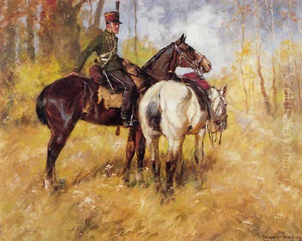 Hungarian Officer With Two Horses Oil Painting by Ede Lengyel-Reinfuss