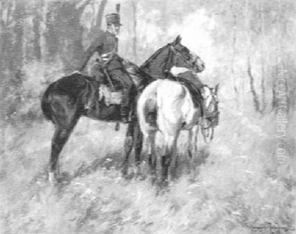 Hungarian Officer With Two Horses Oil Painting by Ede Lengyel-Reinfuss