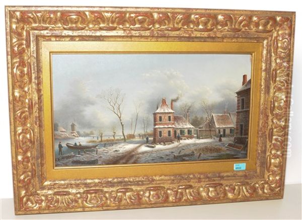 Winterliche Flusslandschaft Mit Dorf Oil Painting by Albert-Alexandre Lenoir