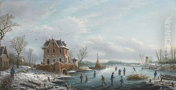 Winterliches Eisvergnugen Oil Painting by Albert-Alexandre Lenoir