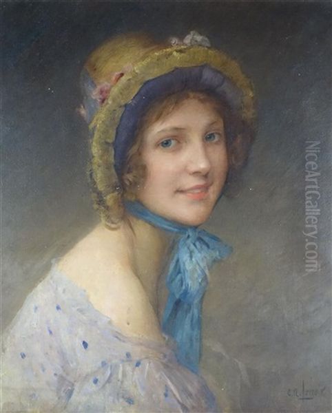 Mimi Pinson Au Ruban Bleu Oil Painting by Charles Amable Lenoir