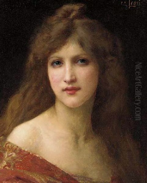 Portrait Of A Girl In A Red Dress Oil Painting by Charles Amable Lenoir